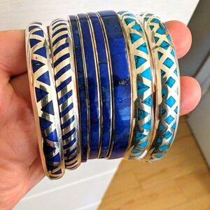 Boho bangle silver turquoise & lapis bangles set